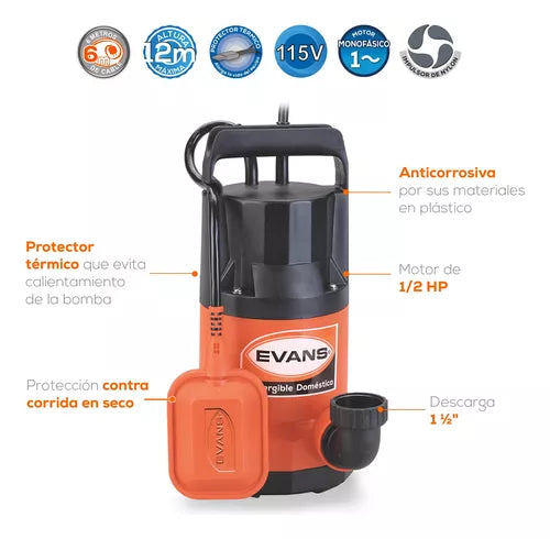 Motobomba Sumergible Motor Monofásico 1/2Hp 12m EVANS SLA1.5ME050