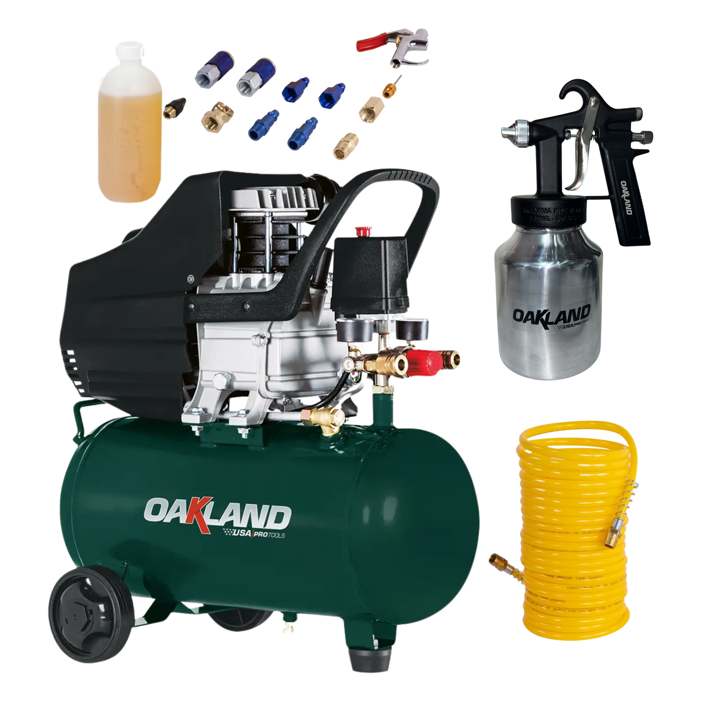 COMPRESOR 2.5HP + PISTOLA + MANGUERA + ACCESORIOS OAKLAND COM-25PG